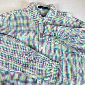 Alan Flusser Linen Button Down Shirt Mens Medium Plaid Long Sleeve Multicolor